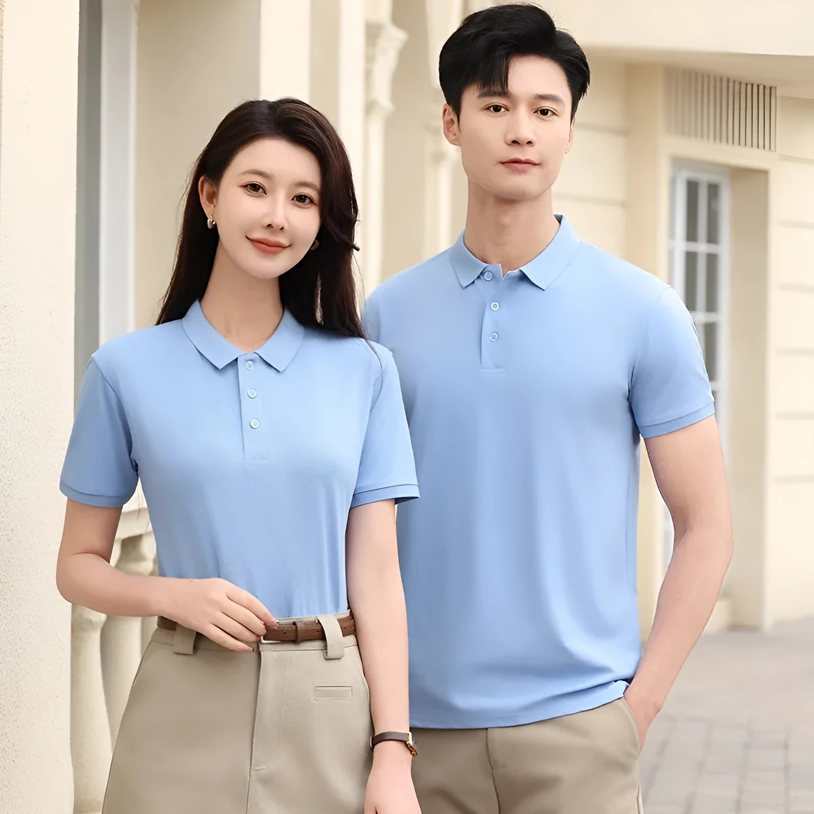 Men's short sleeve polo t-shirt in cotton spandex blend, shown in Aerospace Blue colour.