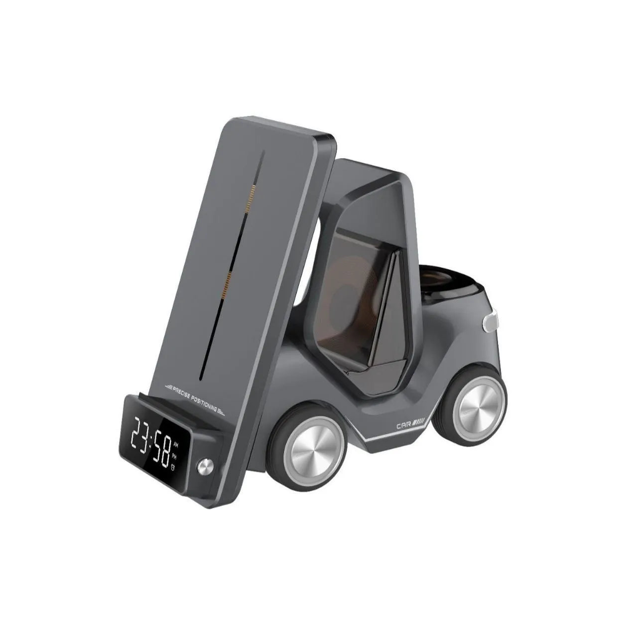 Grey 15W three-in-one wireless fast charging stand for phones on a desk