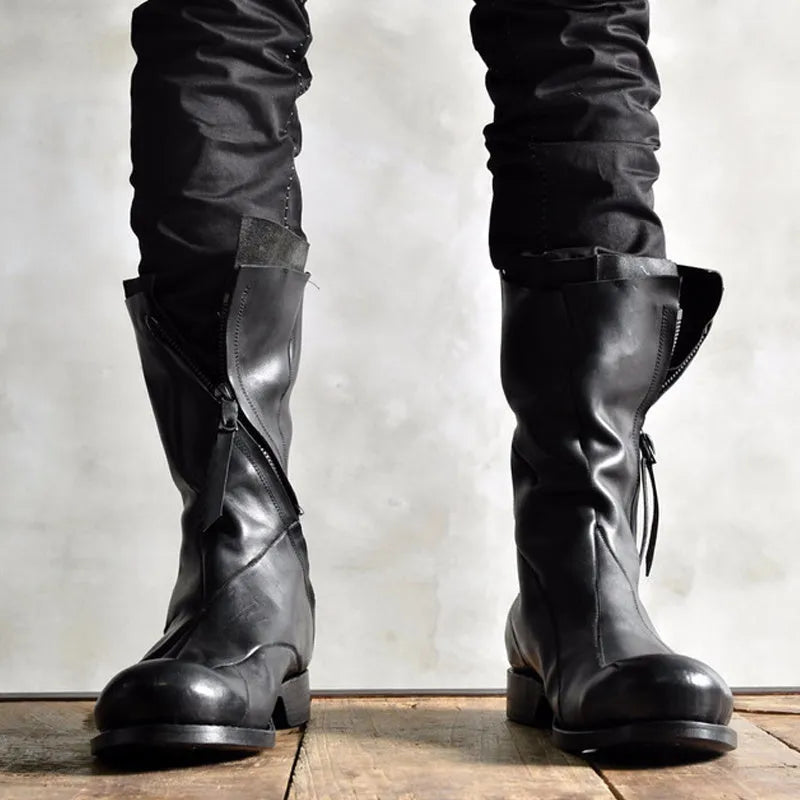 Japanese irregular deconstructed leather boots for men in black retro high-top round-toe style with zipper closure