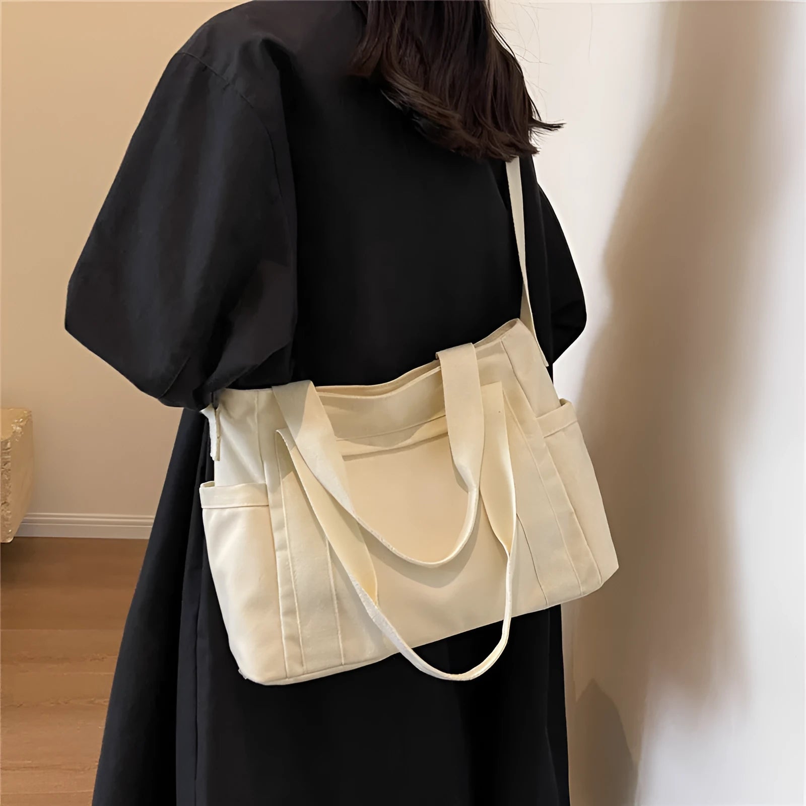 Women's polyester canvas shoulder tote bag with large capacity and internal mobile phone pocket storage