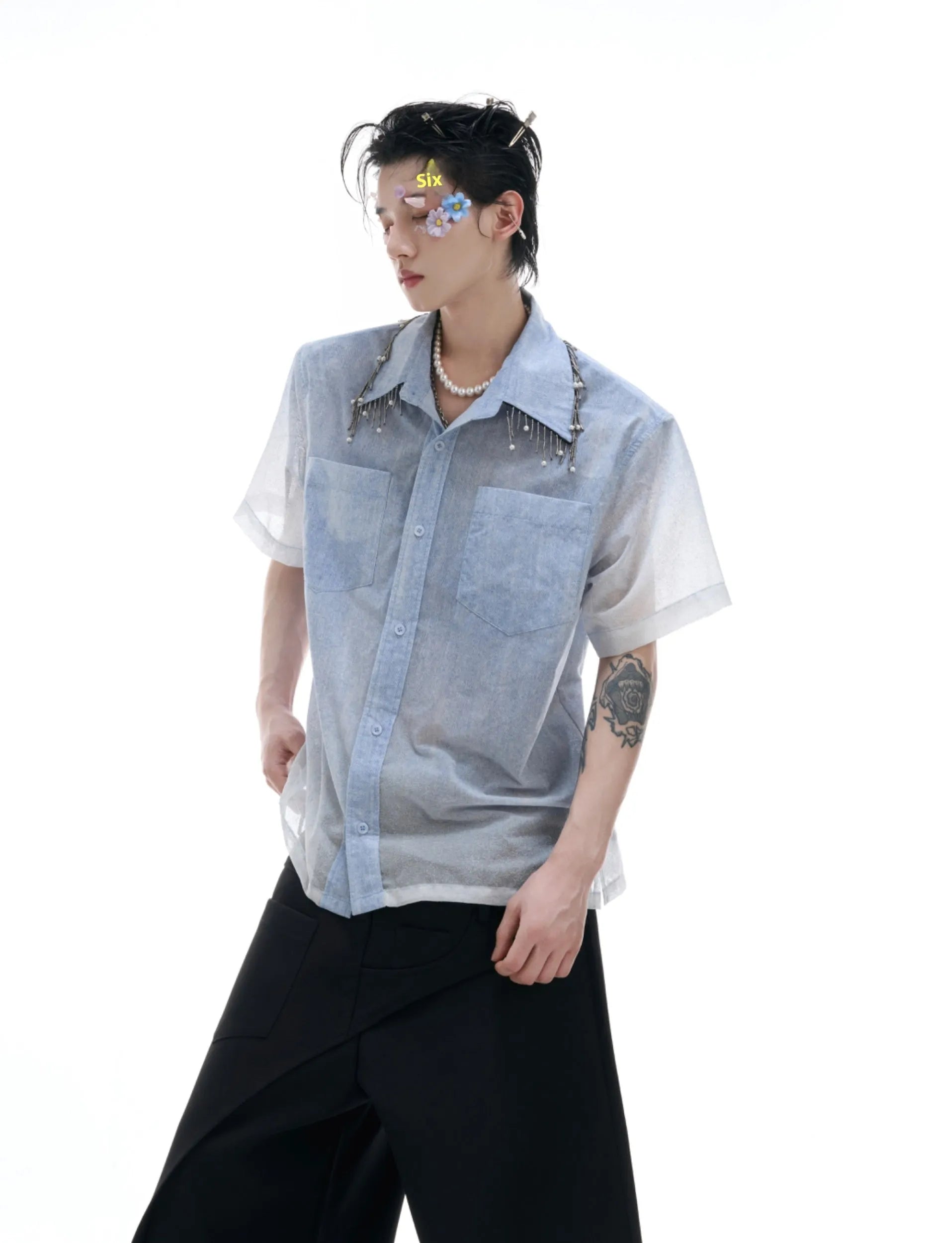 Men's loose blue and white gradient short sleeve casual shirt