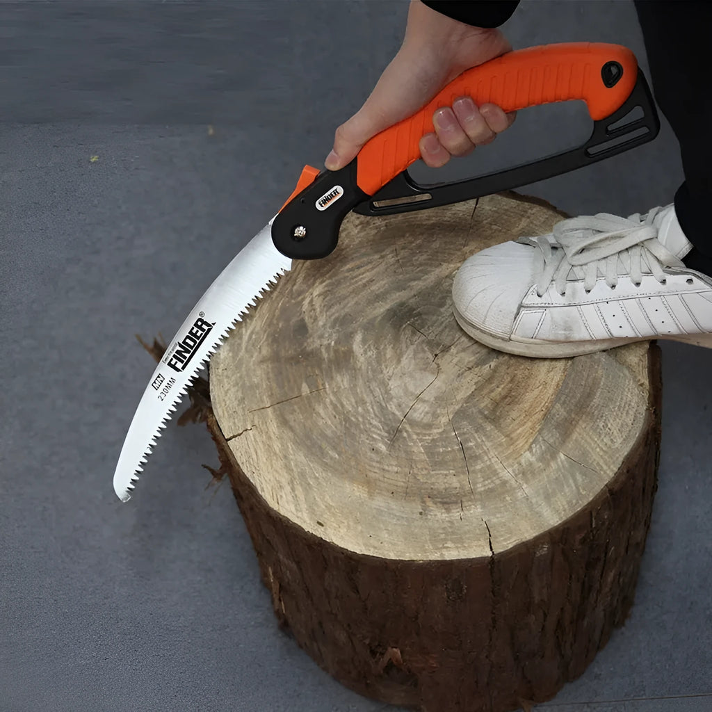 Folding garden hand saw with a 230mm steel blade and black TPR grip, shown open and closed.