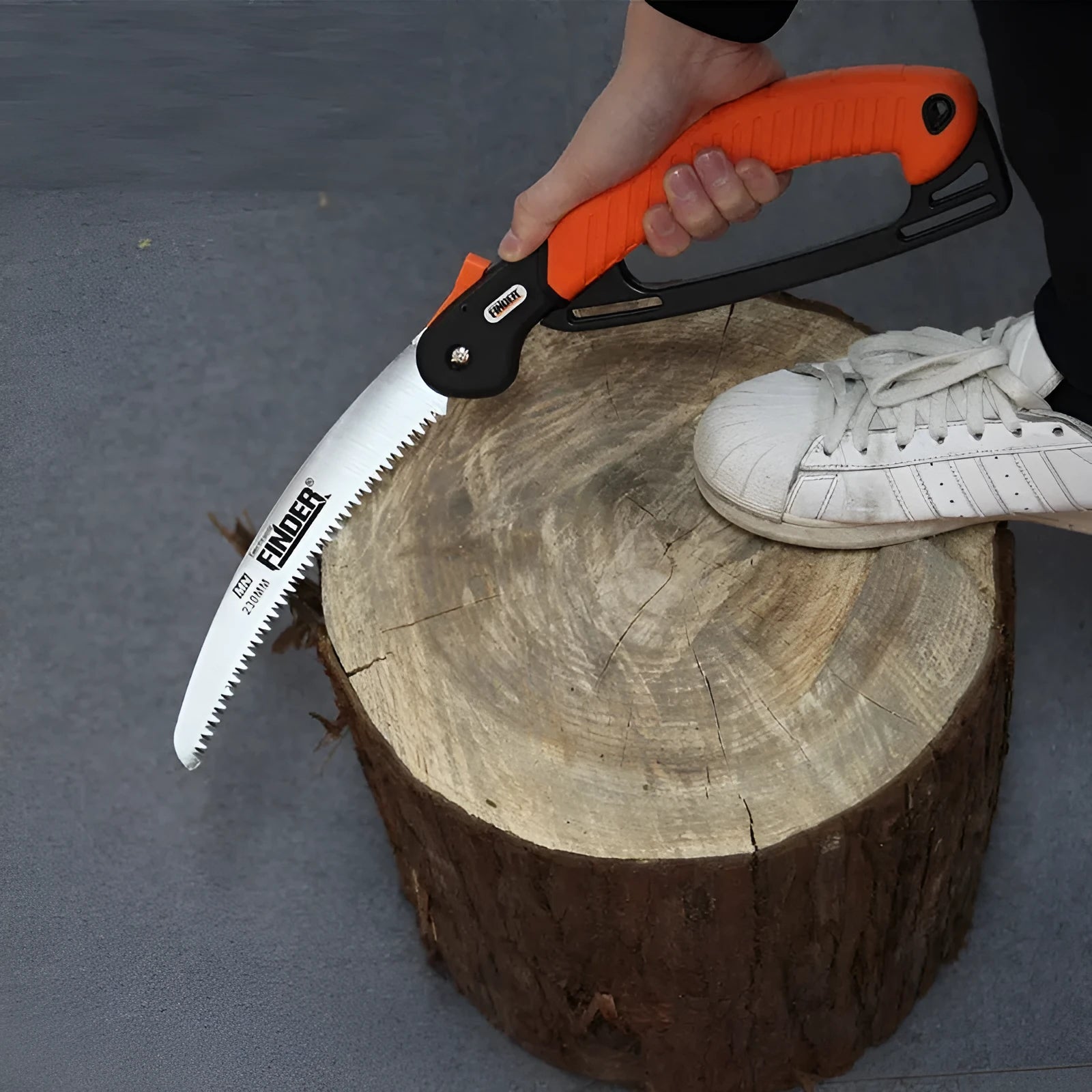 Folding garden hand saw with a 230mm steel blade and black TPR grip, shown open and closed.
