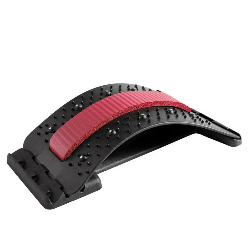 Adjustable back stretcher and waist massager with multiple massage heads in selectable colours.