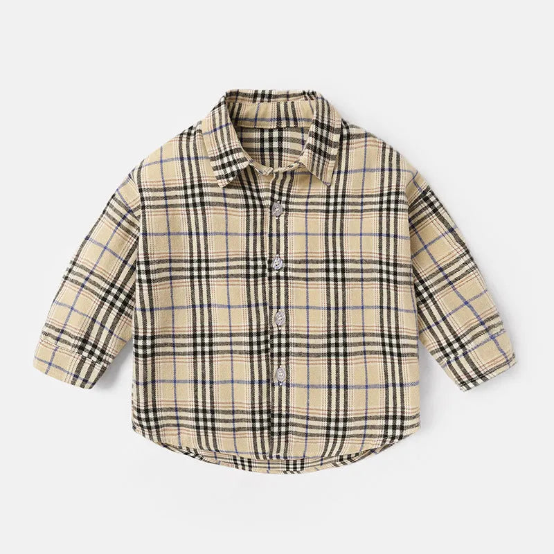 Boy's cotton lattice shirt with animal cartoon pattern in khaki, available in multiple sizes