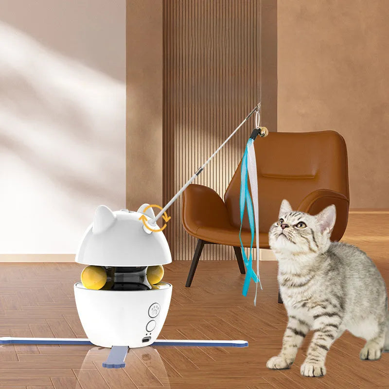 White electronic automatic cat toy with rotating funny stick and extended elastic rope