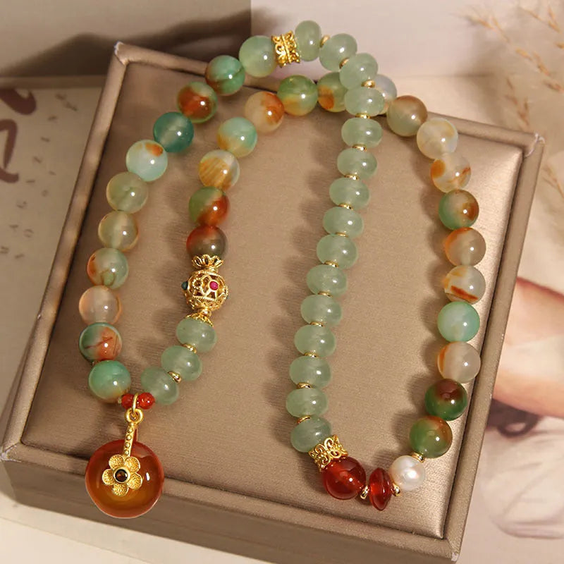 Peacock green agate double ring bracelet for women with safety buckle and rhinestone accents