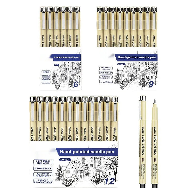 Waterproof black ink needle pen with syringe cartoon art on a 133mm plastic body.