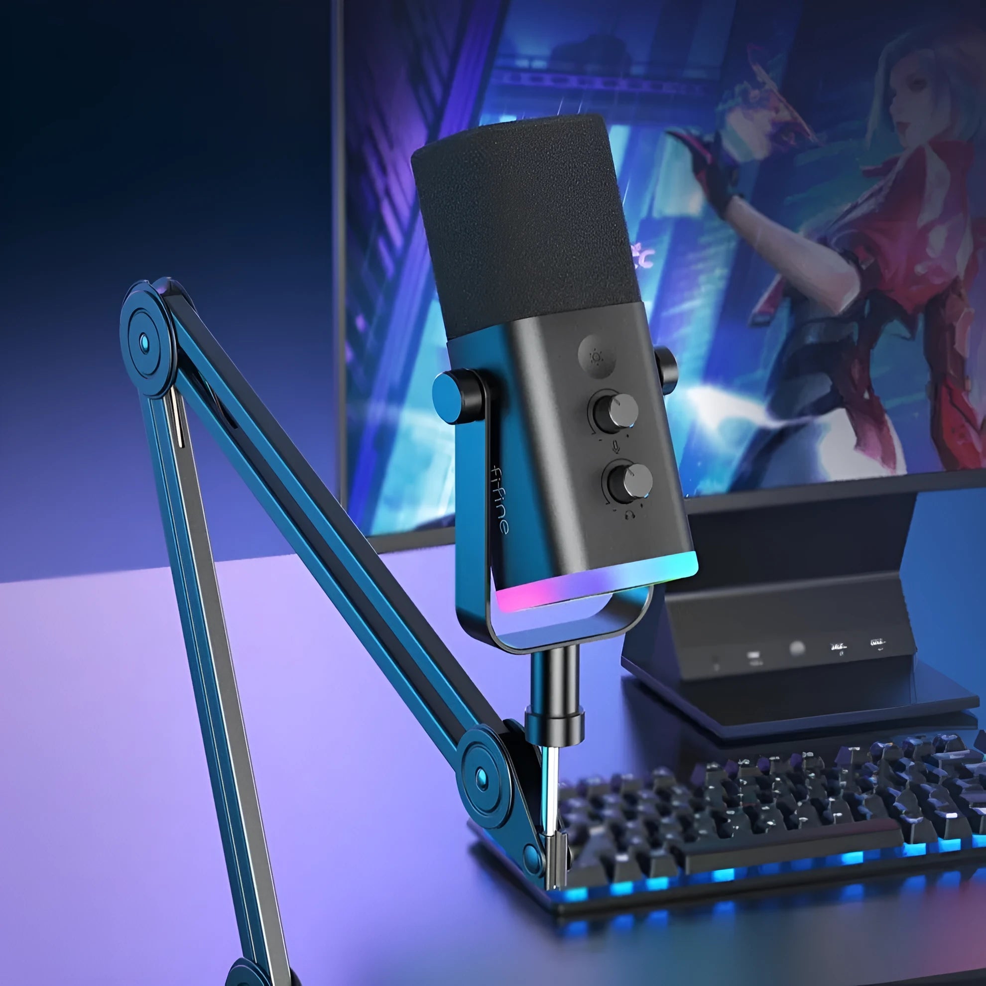 Dynamic noise reduction microphone in black with white shock mount bracket and included XLR and USB cables