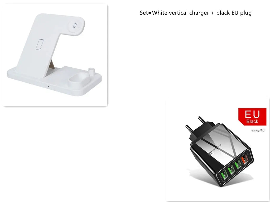 Black 4-in-1 wireless charger with magnetic phone stand charging an iPhone, Apple Watch, and AirPods.