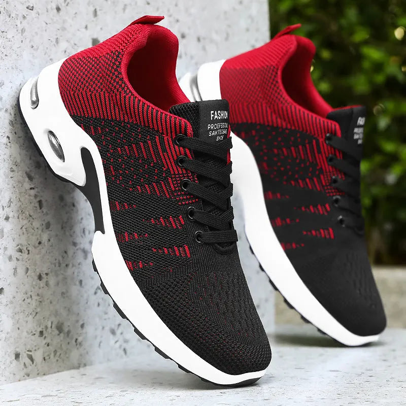 Men's low-top casual sneakers in black and blue with Flyknit mesh upper and lace-up front.