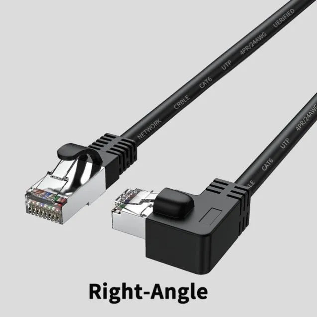 Black Cat6 Ethernet cable with right-angle metal RJ45 connector showing different orientation options