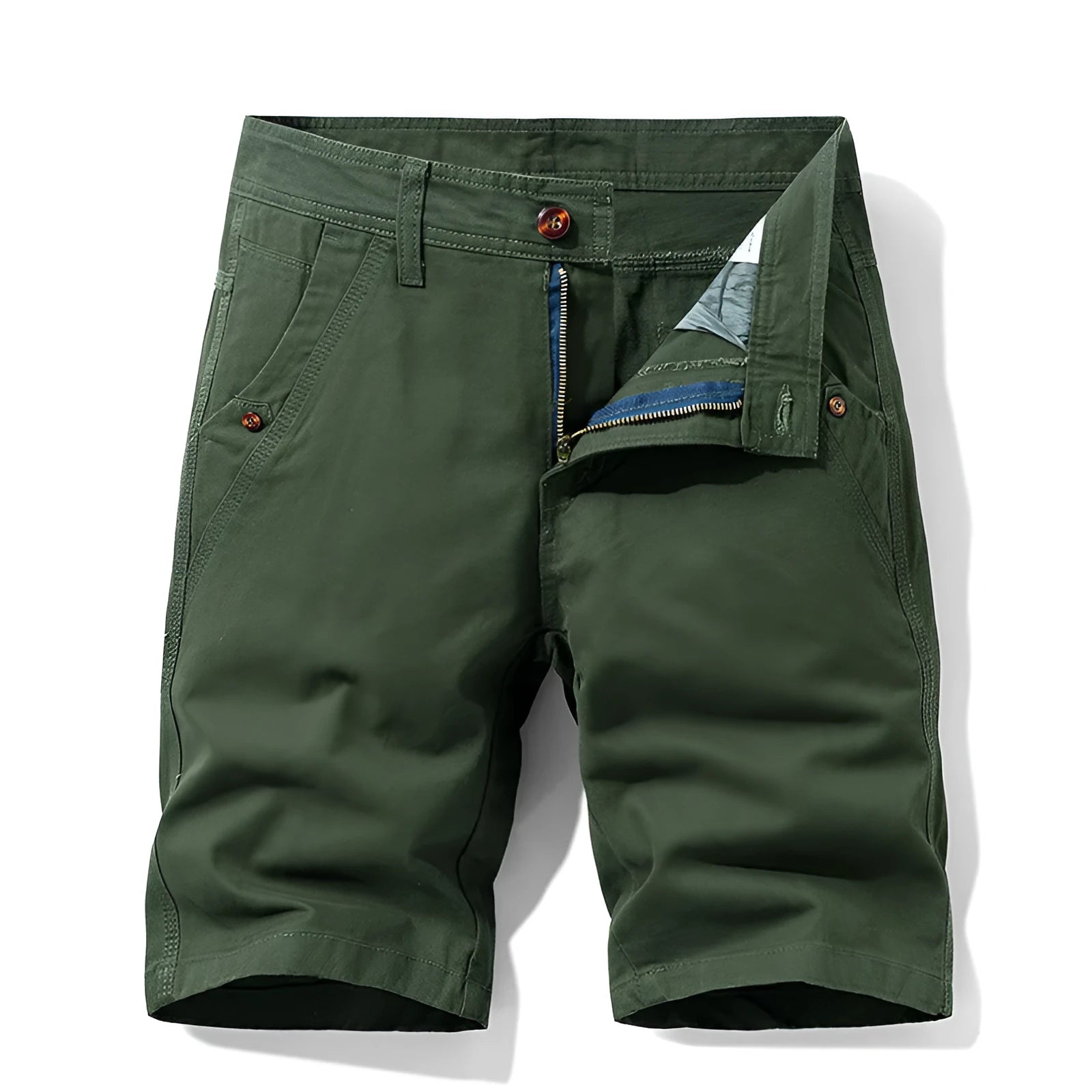 Men's khaki cotton casual overalls with straight leg and zip fly on a neutral background.
