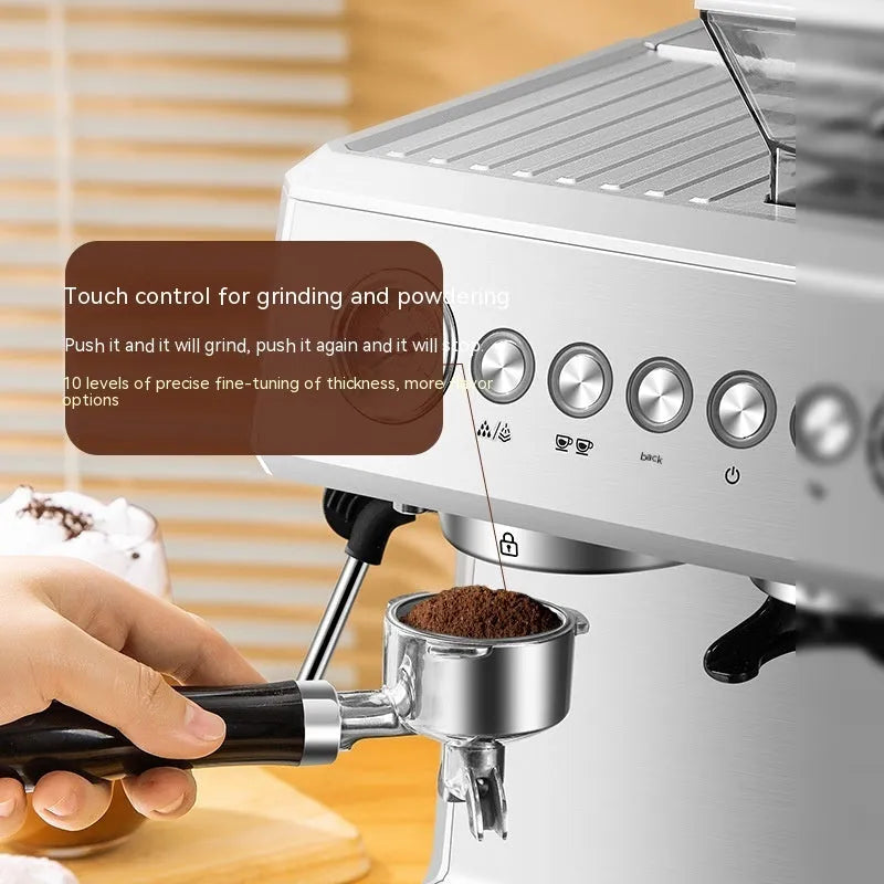 Italian fully automatic coffee machine silver gray with 20Bar pump, 2L water tank, and steam pitcher on countertop