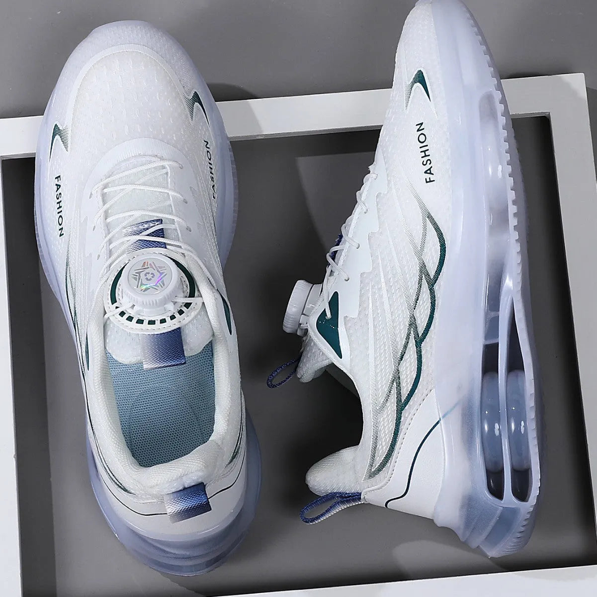 White Korean-style men's casual shoes with rotating button lacing and mesh upper.
