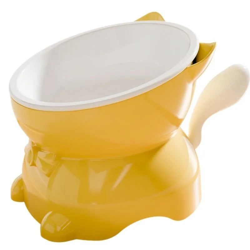 Oblique stainless steel cat bowl in yellow colour with a non-slip base.