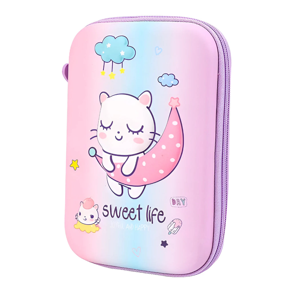 Square canvas cartoon anime stationery box with zip, in dinosaur, moon cat, or rabbit design.