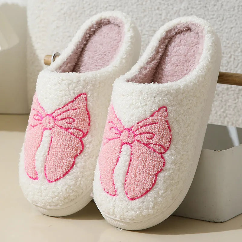 Cartoon bow knot cotton slippers with suede upper and TPR sole in pink or blue colour options