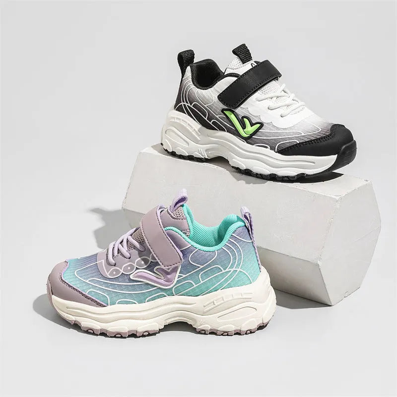 Children's black and purple striped casual trainers with mesh fabric upper and rubber sole.