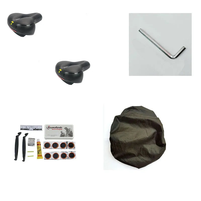 Thickened silicone bicycle saddle cushion with PU leather cover and included waterproof cover, wrench, and tyre patch