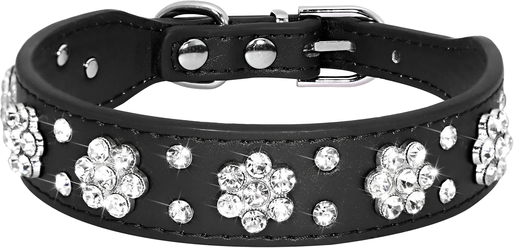 Close-up of a decorative black dog collar with sparkling rhinestone flowers and studs on PU leather.