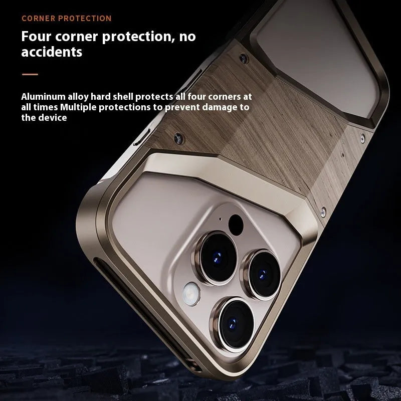 Wooden aluminium alloy phone case in Desert Gold on iPhone 15 Pro Max
