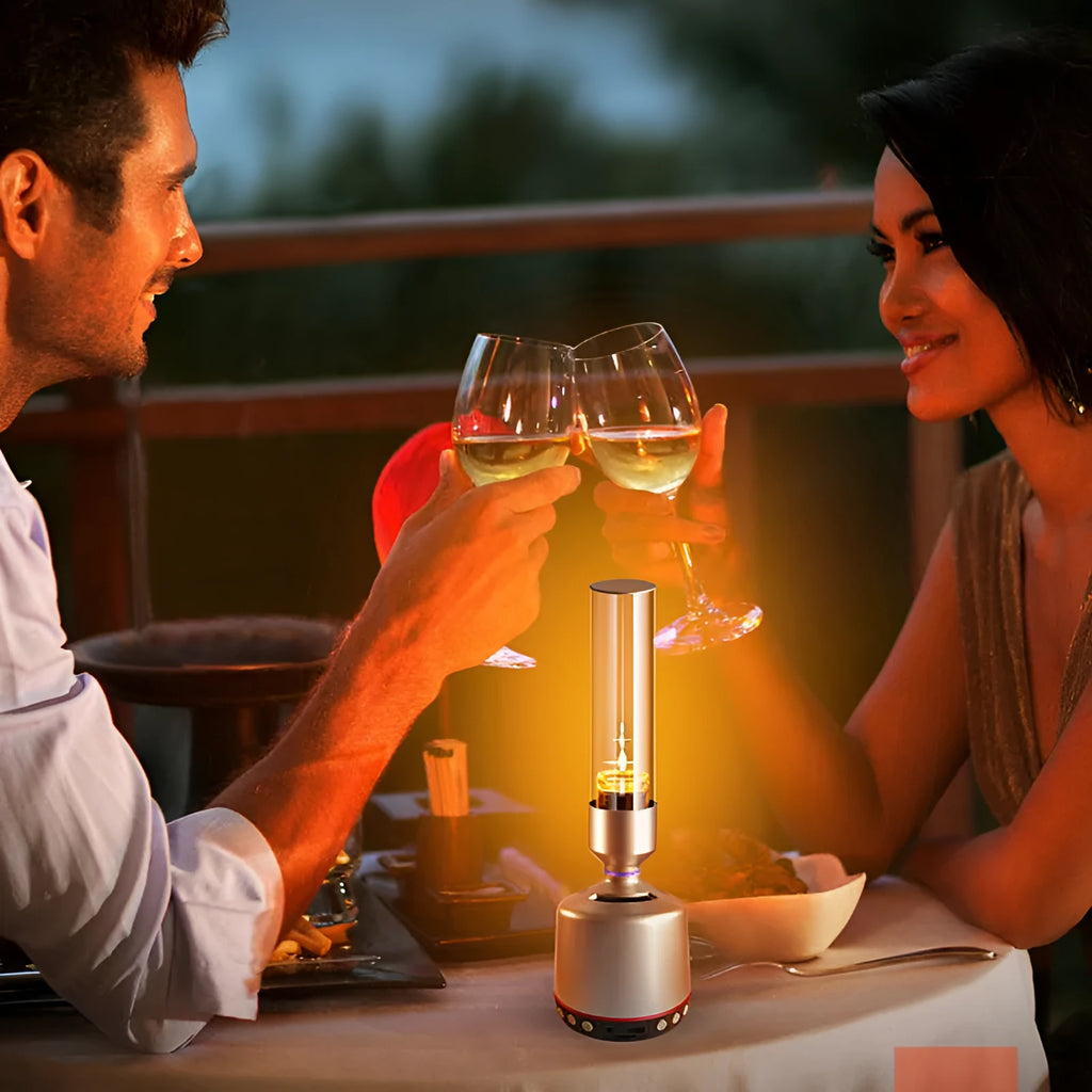 White silver candlelight Bluetooth speaker night light with modern simple design.