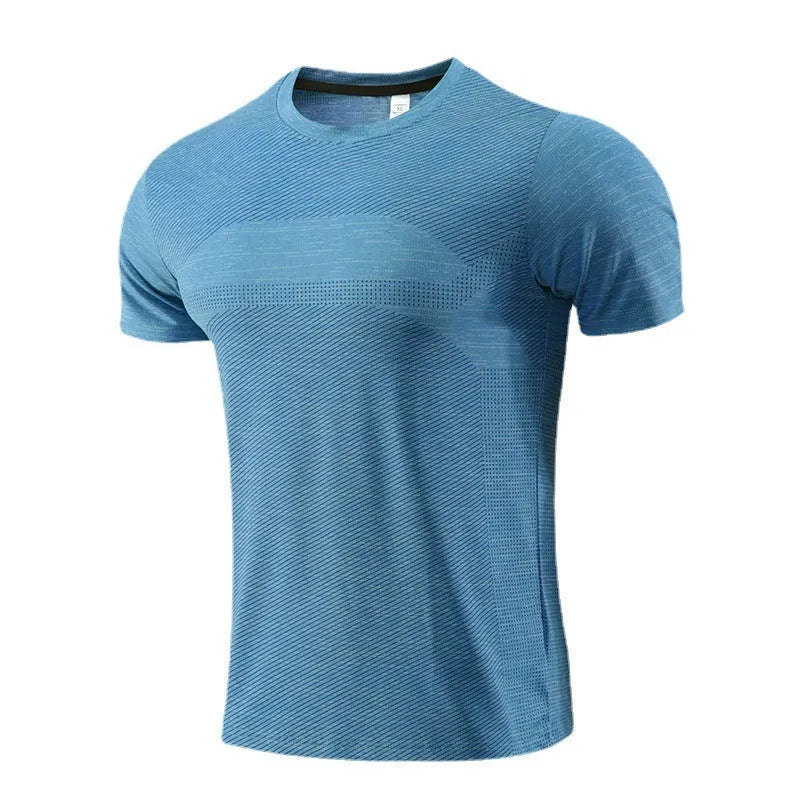 Man's short sleeve running t-shirt in polyester spandex fabric, shown in red colour.