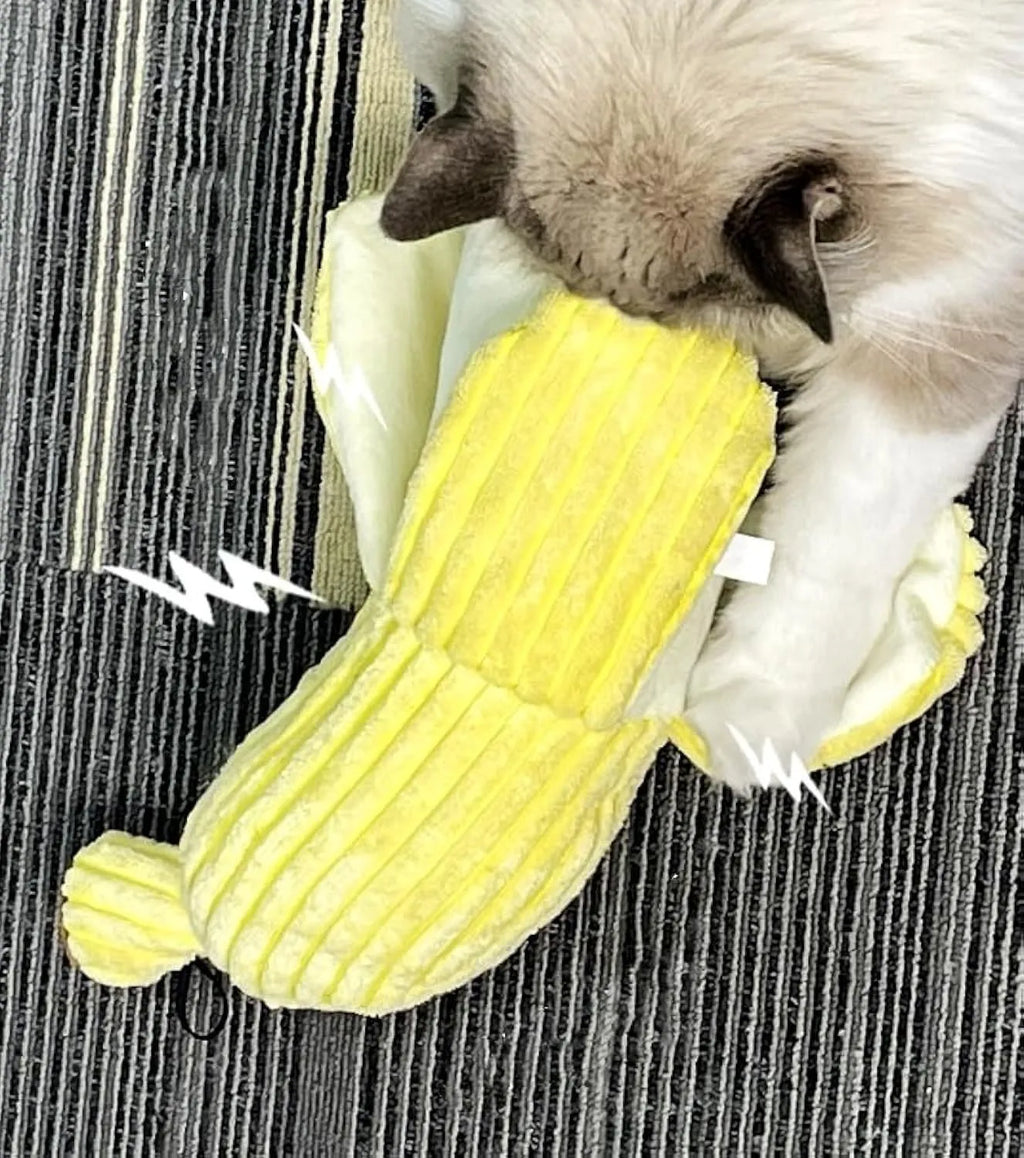 Yellow banana-shaped cat chew toy with plush fabric and crinkle sound feature