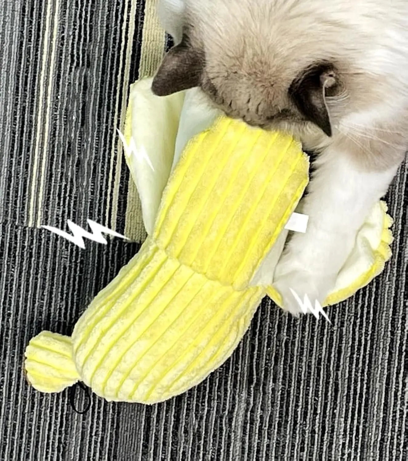 Yellow banana-shaped cat chew toy with plush fabric and crinkle sound feature