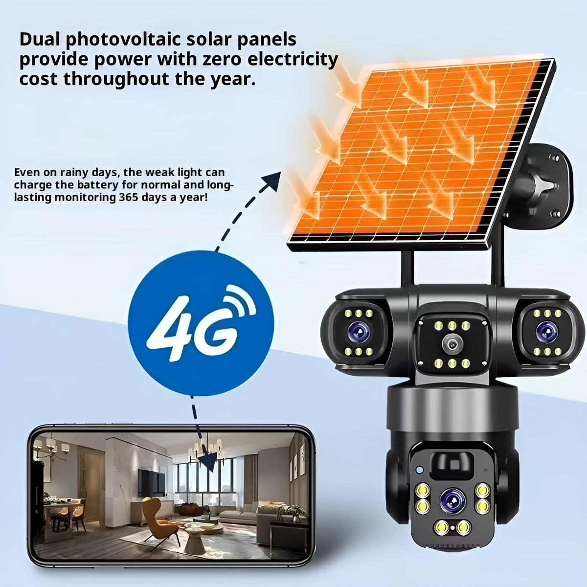 Solar-powered surveillance camera in ABS housing with full colour night vision and 1080P resolution