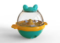 Yellow TPR pet food feeder tumbler toy for dogs measuring 11.2 x 13.9 x 12.2 cm