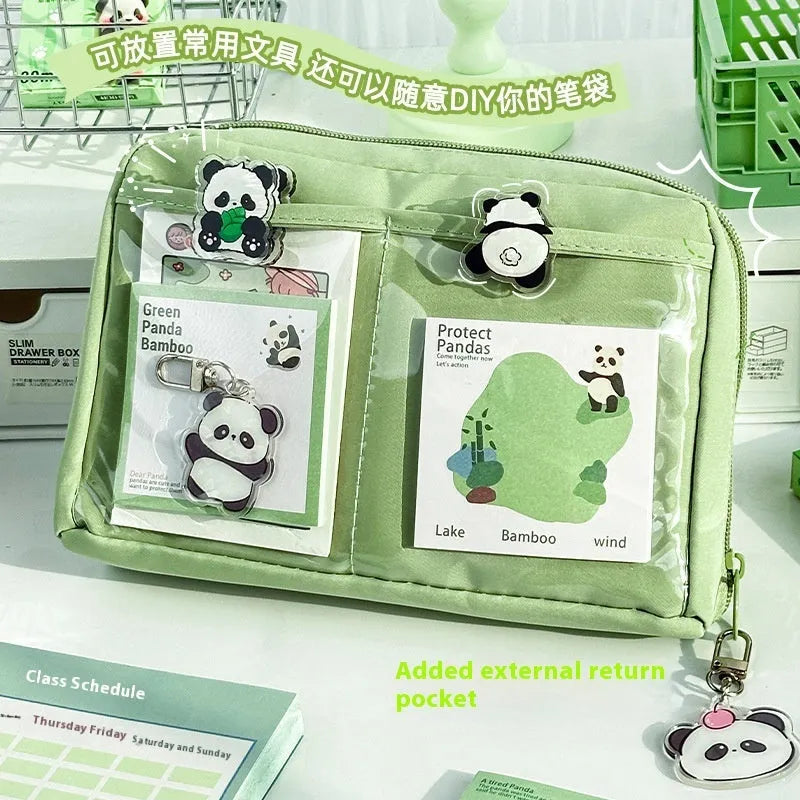 Green canvas 12 layer panda pencil case with large capacity for stationery organisation.