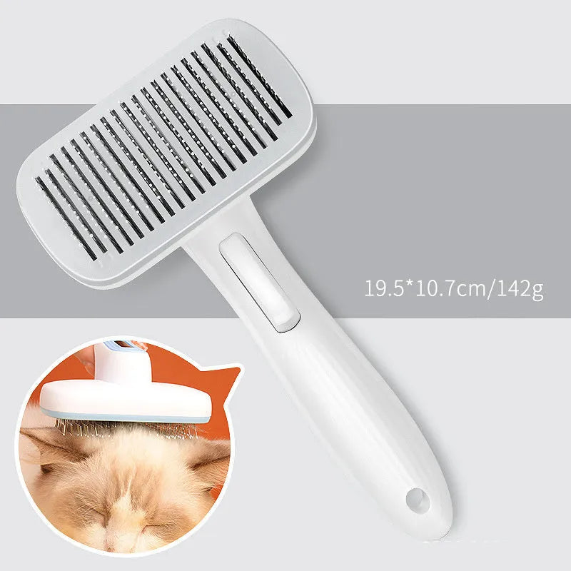 Automatic pet grooming comb with four interchangeable heads in blue, grey, green, or pink colours.