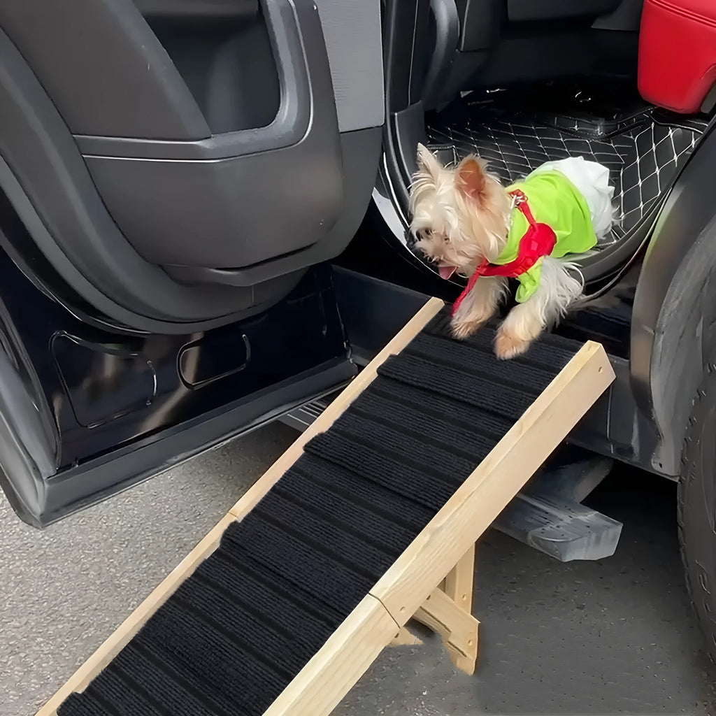 Wooden adjustable pet dog ladder foldable non-slip ramp in wood colour for safe pet access