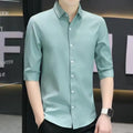 Men's slim-fit half-sleeve shirt in linen silk blend fabric showing non-ironing construction