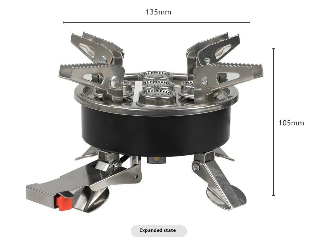 Silver portable split camping stove with stainless steel burner and long hose, shown folded.