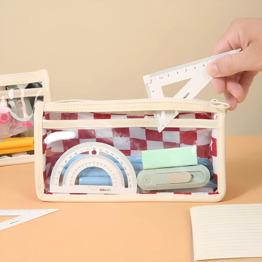 Transparent PVC pencil case with chessboard grid pattern in black and white or red and white.