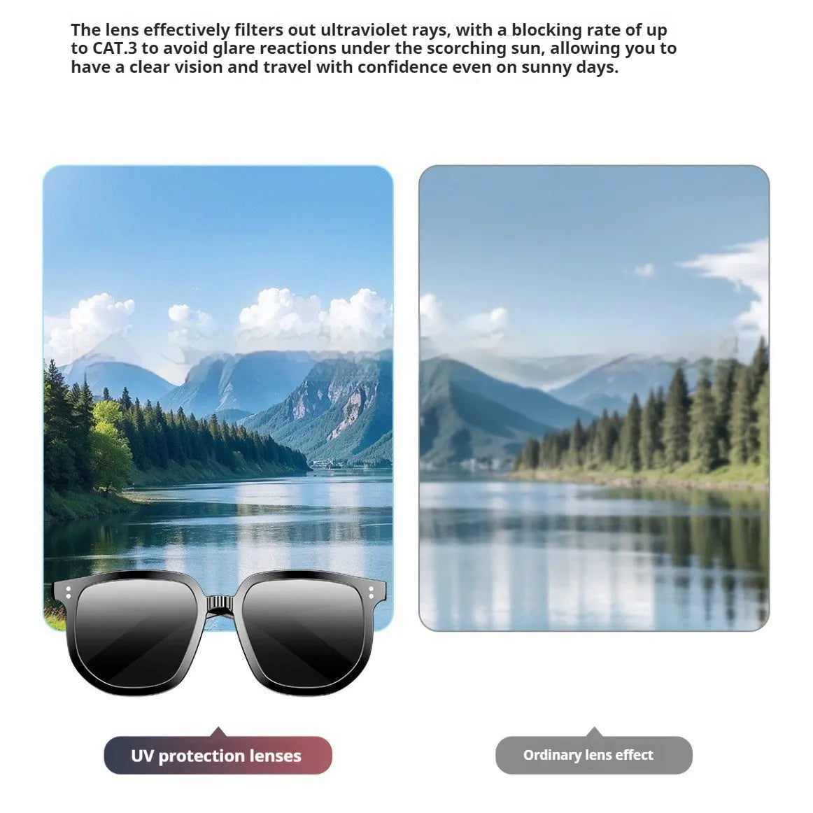 Black PC frame Bluetooth smart sunglasses with touch controls for audio and calls.