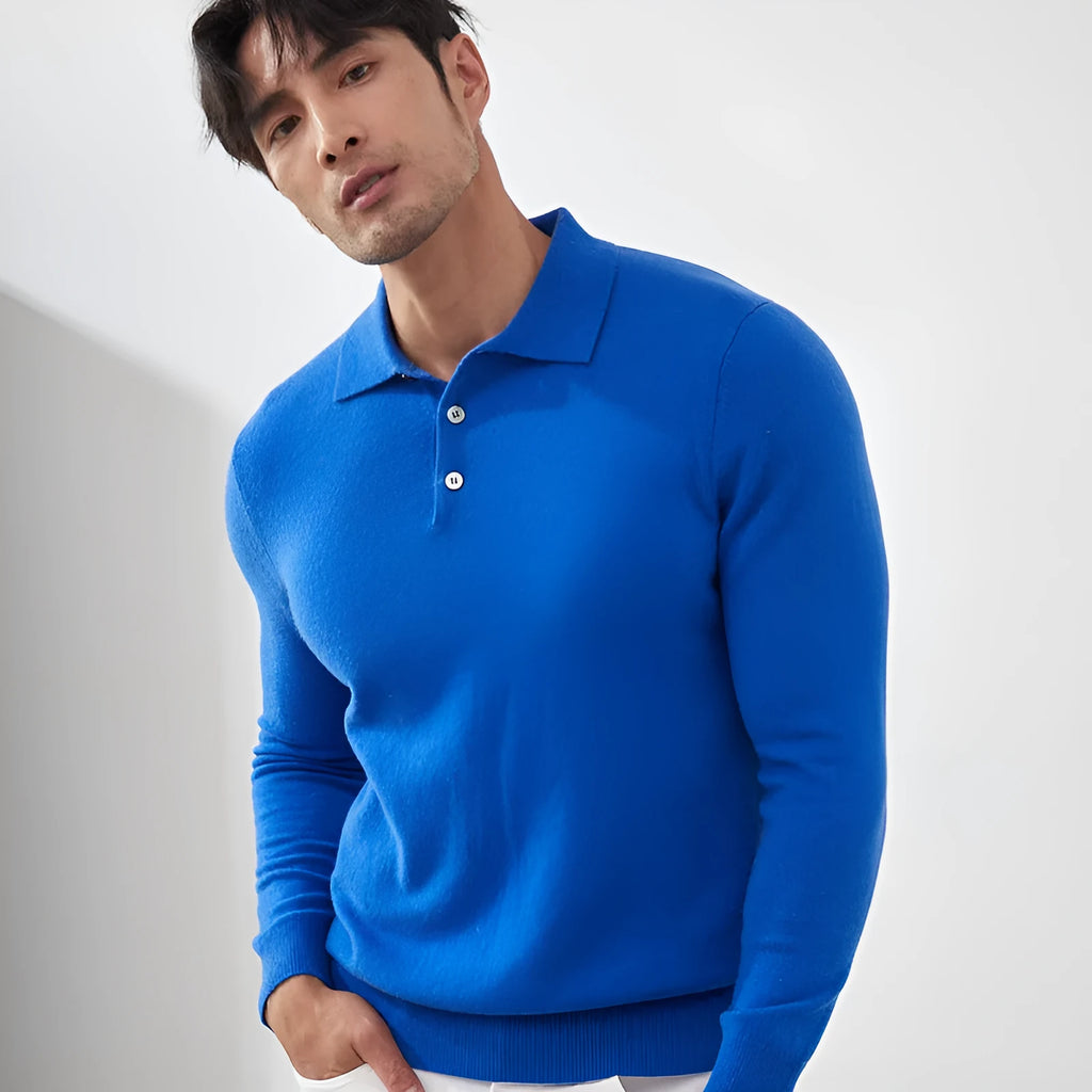 Men's cashmere pullover sweater with polo collar in sapphire blue colour showing loose fit design