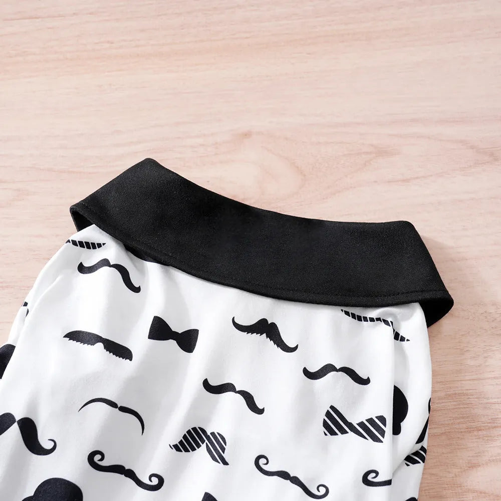 White polyester dog costume with a gentleman beard design, shown on a small dog.
