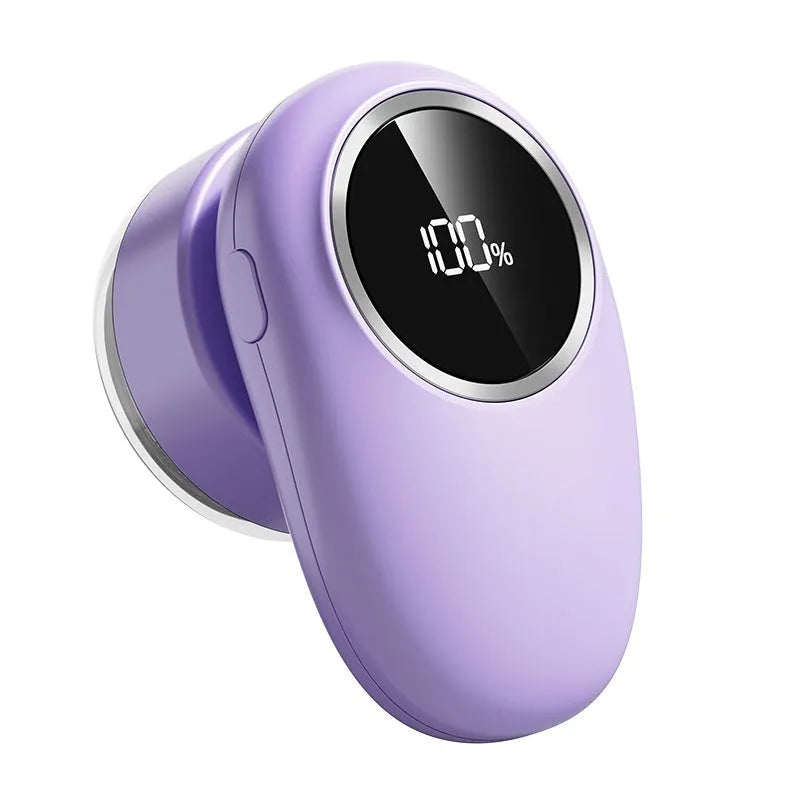 Purple and beige fur ball trimmer with digital display and multiple cutter heads for removing lint from fabric.