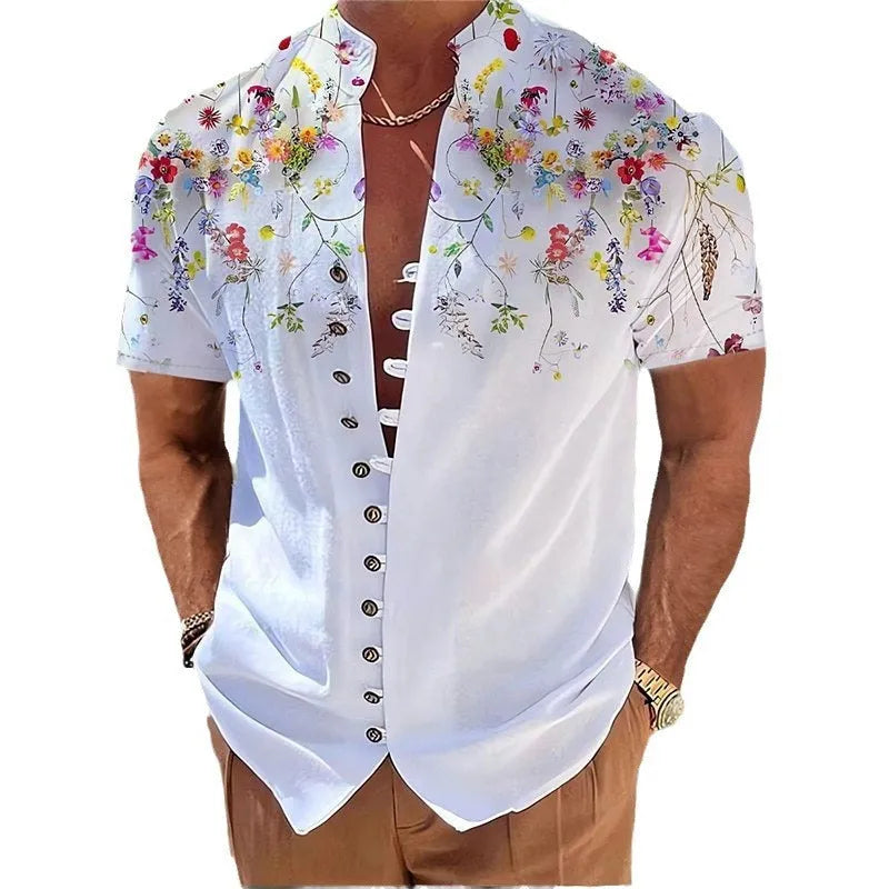 Youth wearing a short sleeve cardigan with a geometric 3D floral print pattern.