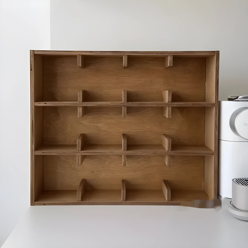 Solid birch wood cup storage rack with multiple square grids in natural meridian colour