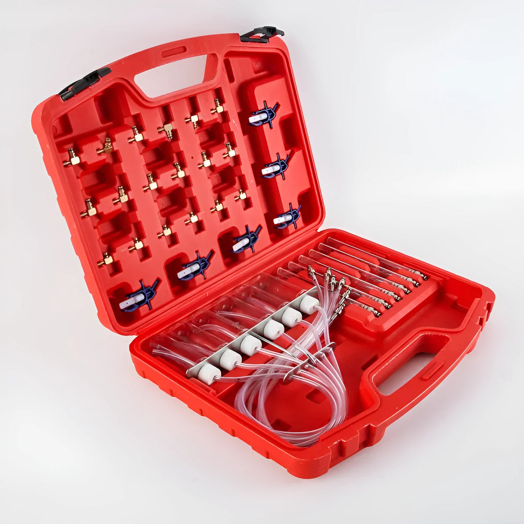 Brass and plastic fuel injection flow meter tool for testing engine injectors