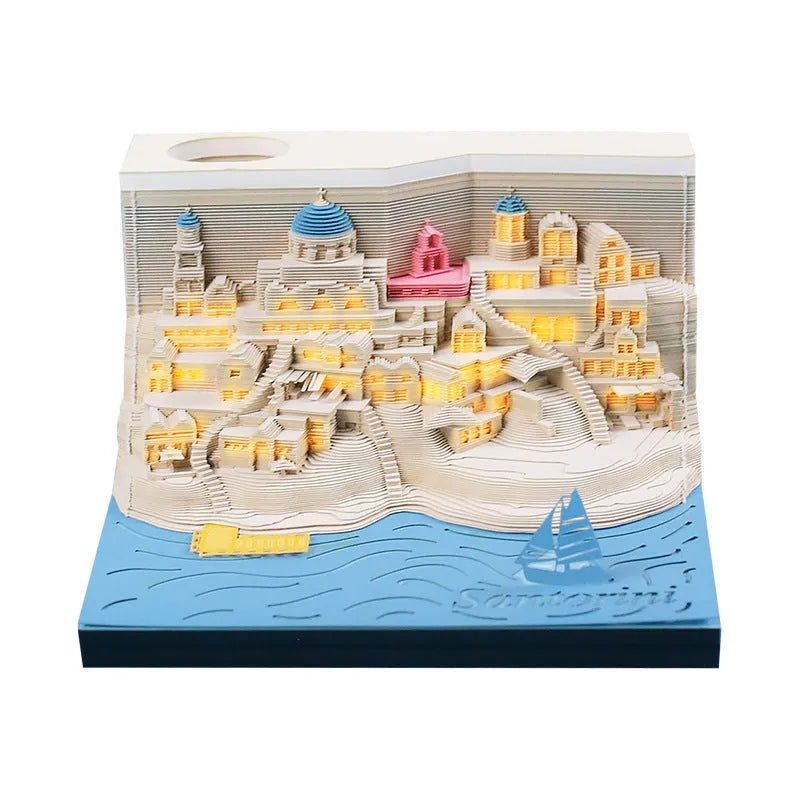 Santorini beach three-dimensional paper carving notepad and building model measuring 9x9x5 cm