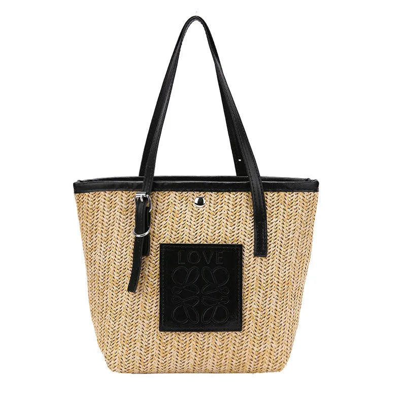 White straw woven women's shoulder bag with three-dimensional pockets showing European retro styling details