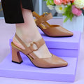Women's apricot-colour leather sandals with a closed toe, open back, and a chunky high heel.