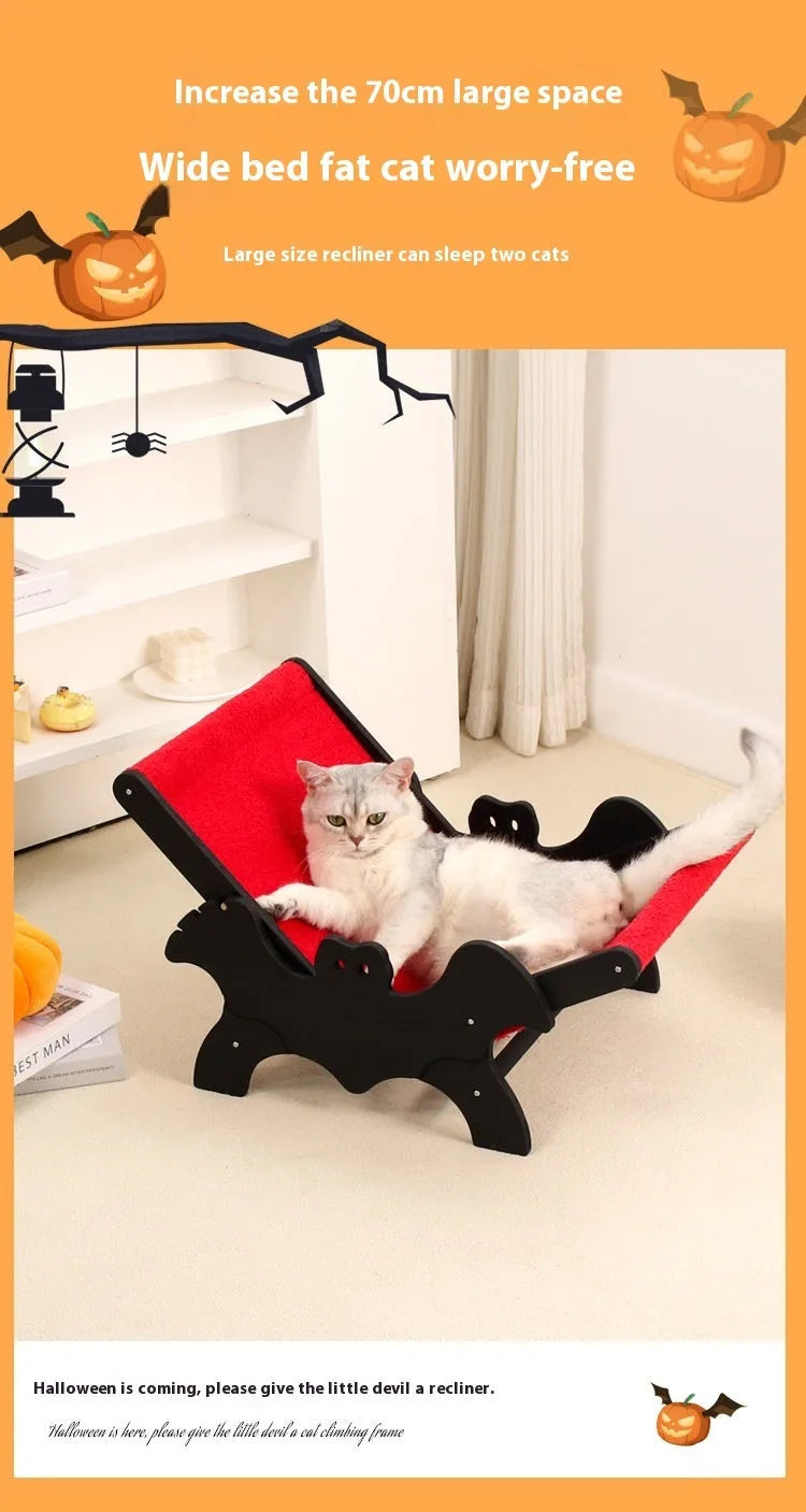 MW-054 wooden cat recliner bed with black and red bat Halloween design.
