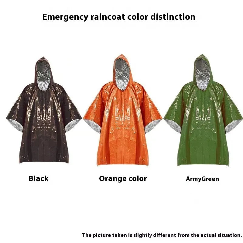 Marathon one-person raincoat in orange or army green, laid flat showing 100x130cm dimensions.